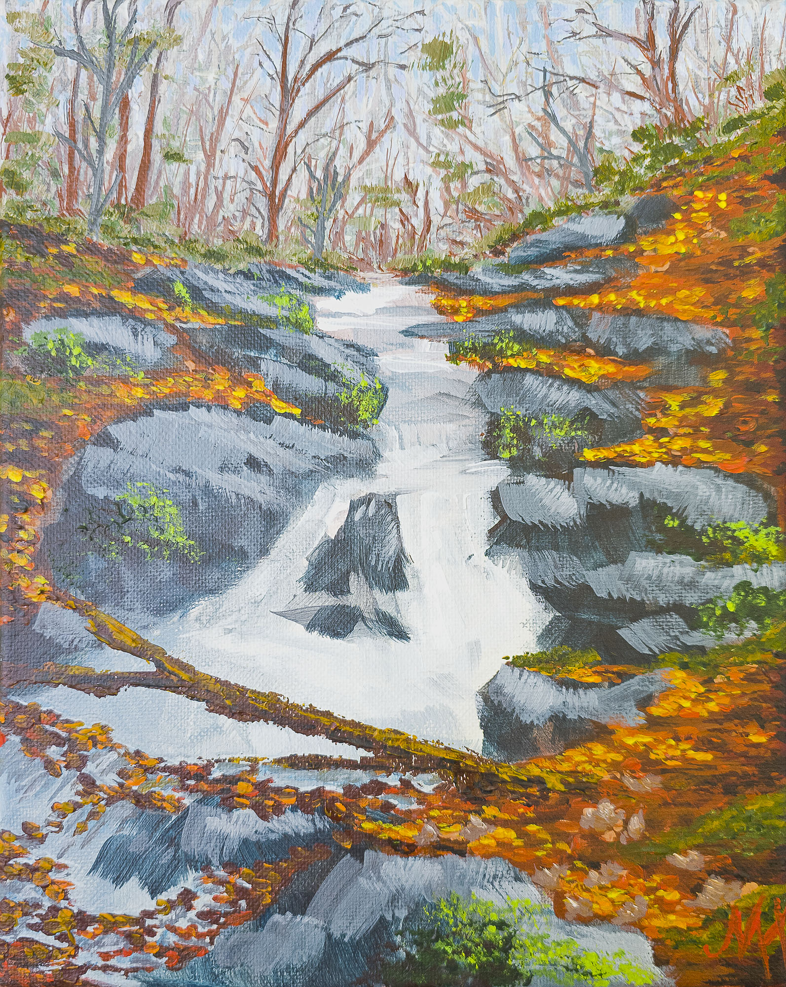 2307_01-A_Waterfall and Leaves. 8x10 acrylic on canvas