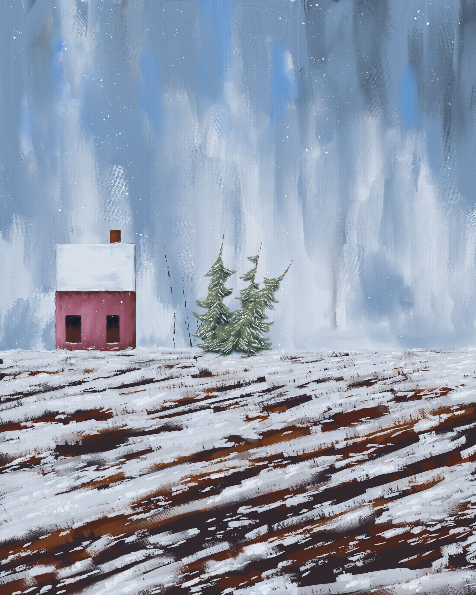 Digital: Red House on Winter Field