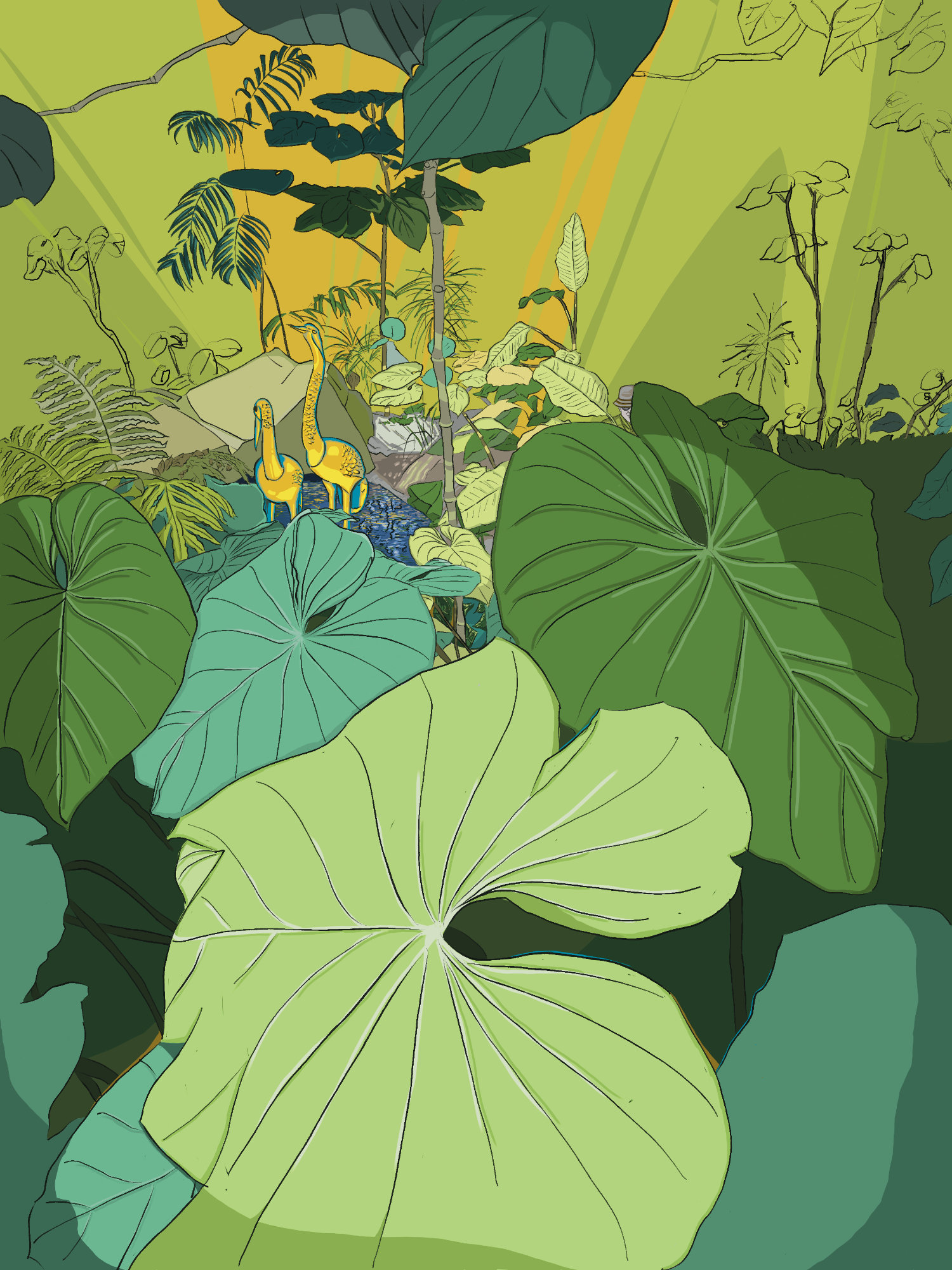 Cranes and Philodendron